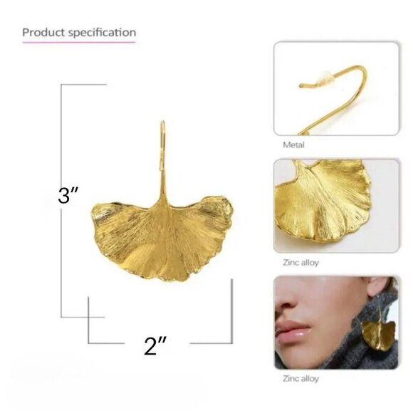NWT Statement Hook Earrings Large Ginkgo Leaf 14K Plated Fairy Glam Festival - Picture 7 of 12